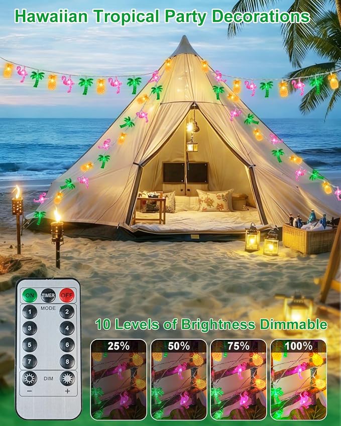 50 LED 25ft Summer Hawaiian Beach Battery String Lights Outdoor with Remote | Flamingo Pineapple Palm Tree Fairy Twinkle Lights Battery Operated with 8 Modes & Timer for Tropical Beach Party Pool Decor