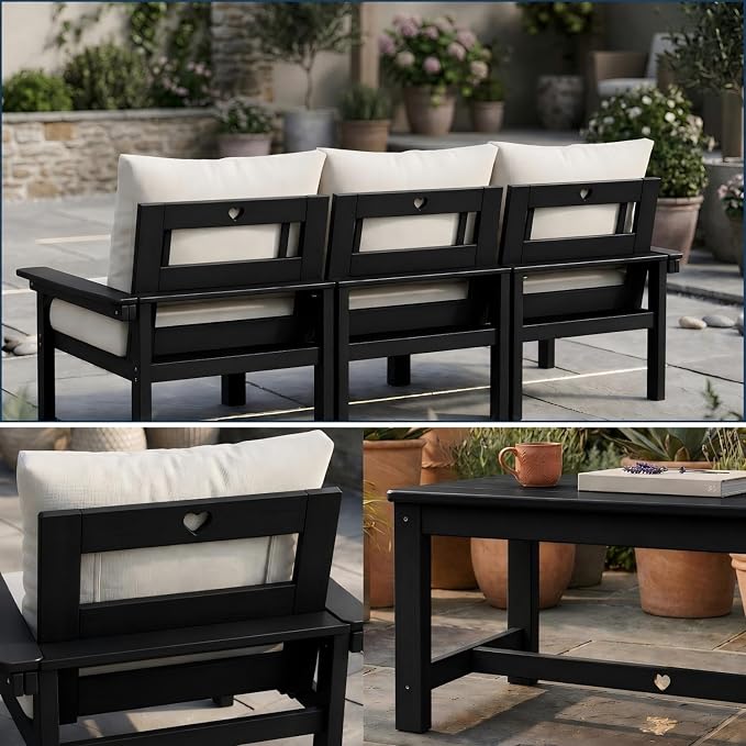 HDPE 3 Piece Patio Furniture Set, All-Weather Outdoor Couch Set with Thick Cushions, Patio Conversation Sets for Lawn, Garden, Porch, Balcony, Deck, Poolside, Black Frame Beige Cushion