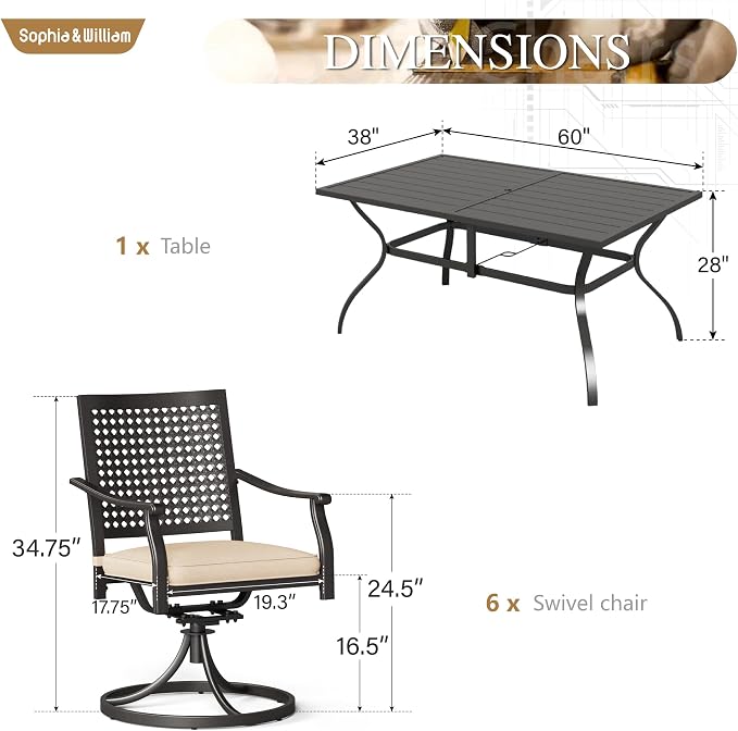 Sophia & William Outdoor Patio Dining Set 7 Piece with 6 Swivel Dining Metal Chairs and 1 Rectangular Dining Table (1.57" Umbrella Hole) Outdoor Table Furniture Set for Garden Deck Backyard, Black
