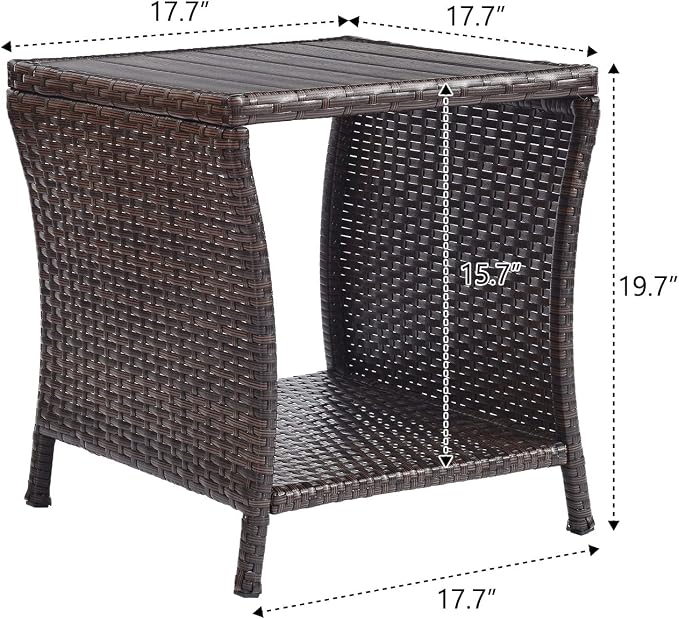 Outdoor Patio Side Table Small Brown Wicker Rattan End Table for Outside Storage Coffee Table with Poly Lumber Table Top for Garden Lawn Pool Porch Deck
