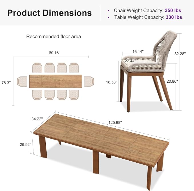 PURPLE LEAF 11 Pieces Dining Set Patio Metal Rectangular Table and Wicker Rattan Chairs for Outside Porch Garden Kitchen Modern Outdoor Furniture Sets