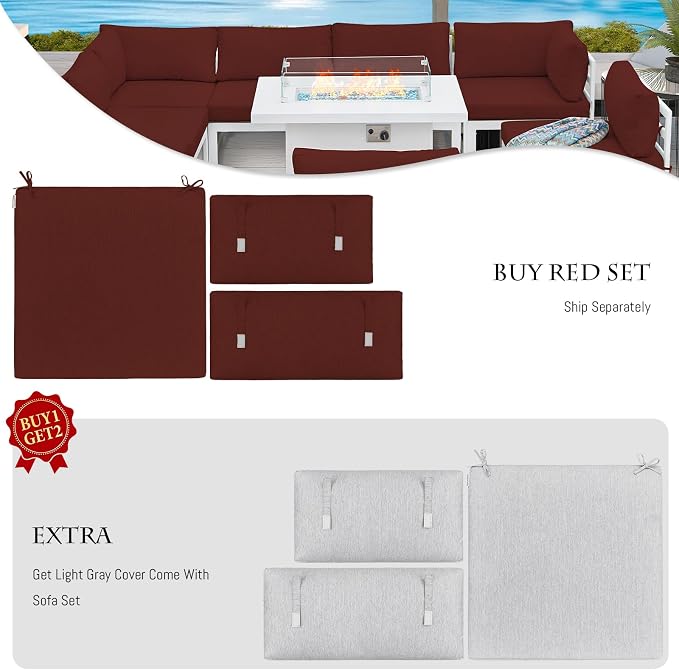 BULEXYARD 8 Person Modern Aluminum Outdoor Patio Furniture Set with Chaise & Firepit Table, 29 inch Wide Deep Seat, All Weather Modular Sectional Couch, Oversized Conversation Set for Garden Deck, Red