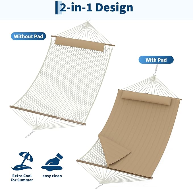Double Spreader Bar Hammock with Stand, 2-Person, 12ft, 450lbs Capacity | quick-dry, UV-resistant, detachable pad & pillow, side pockets, for patio/backyard/garden/beach, Brown-Yellow