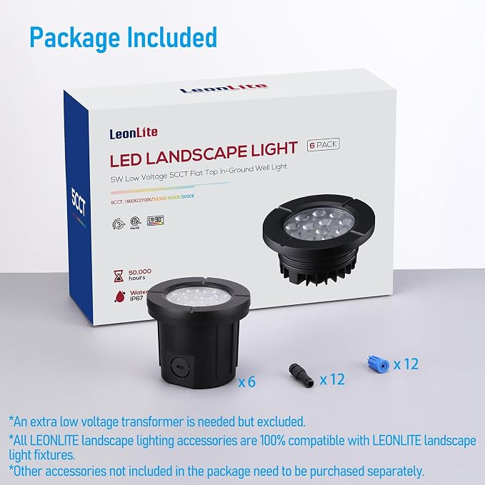 LEONLITE 6-Pack Dia. 4 Inch 5CCT Well Lights Flat Top Black | 12-24V AC/DC, CRI90, 1800K/2700K/3500K/4000K/5000K, Landscape LED In Ground Outdoor, Low Voltage Garden Landscaping, Aluminum