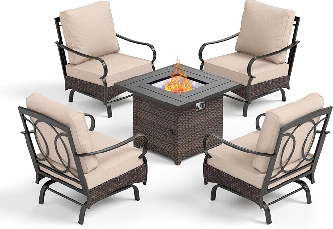 Patio Furniture Set with 32" Fire Pit Table, Patio Conversation Sets 4 Rocking Chairs with Thick Cushion and 50000 BTU Fire Pit Table (5 Pieces,Beige)