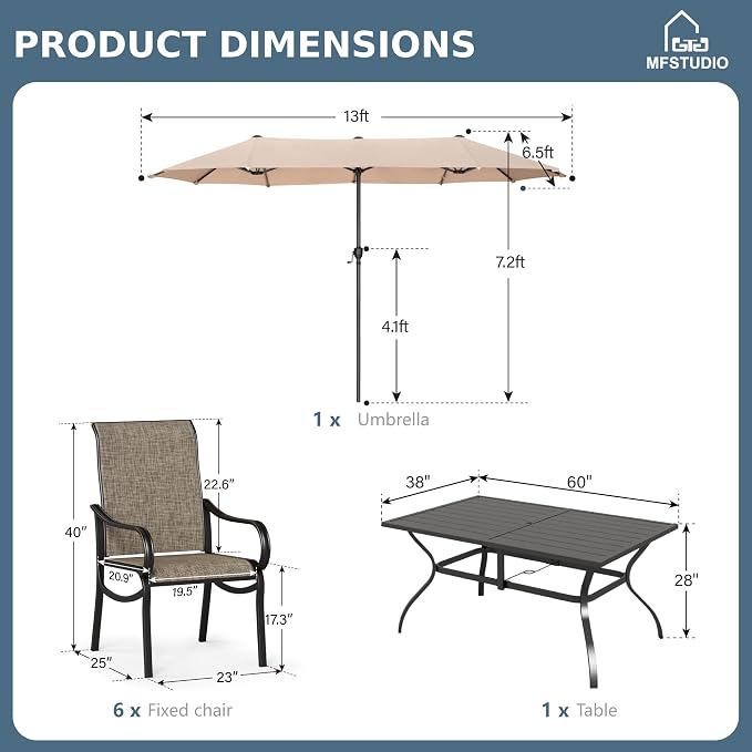 MFSTUDIO Outdoor Dining Set with Umbrella, Patio Dining Set for 6 Persons, Patio Furniture Set with Rectangle Table & Textilene Chairs & Beige Umbrella (Base not Included)