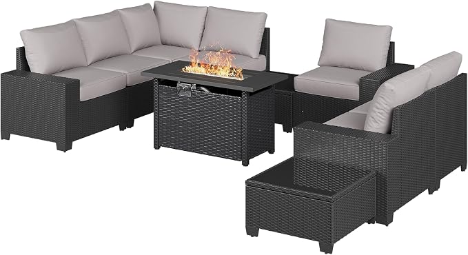 Aoxun Patio Furniture Sets with 44'' Fire Pit, 10 Pcs Outdoor Patio Coversation Set with 4'' Thicken Cushion and Coffee Table, Widen Armrests Wicker Outdoor Sectional for Backyard & Garden, Grey