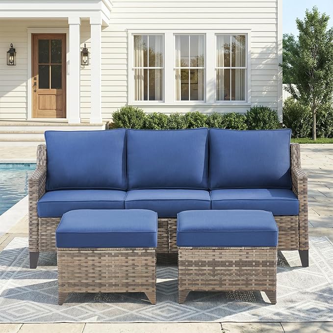 Belord Luxury Outdoor High Back Couch with Ottoman, All-Weather Wicker 3-Seater Sofa, 3 Piece Patio Conversation Furniture Set,Blue