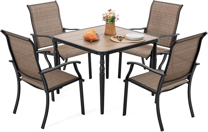 NUU GARDEN 5-Piece Outdoor Dining Set 37 Inch Square Table with Umbrella Hole Wood-Grain Top 4 Textilene Chairs Weather-Resistant Low-Maintenance for Porch Backyard Garden Poolside Black Brown