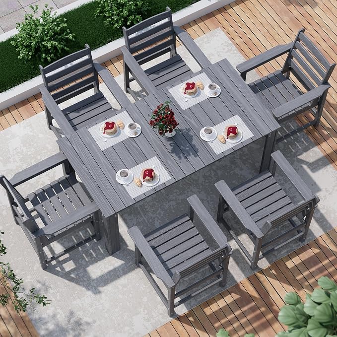 Outdoor HDPE Dining Table Set, 7-Piece Outdoor Dining Table Sets, Wood Grain Patio Furniture Sets with Umbrella Hole for Porch, Backyard, Gray