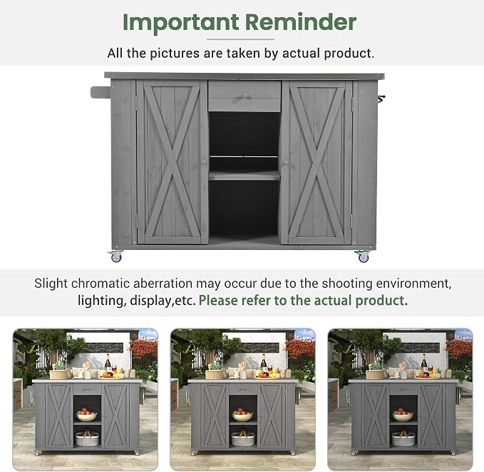 Outdoor Kitchen Island Fir Wood Kitchen Island with Stainless Steel Top,Ample Storage Space, Towel and Spice Racks and a Bottle Opener for Outdoor (Grey@53)
