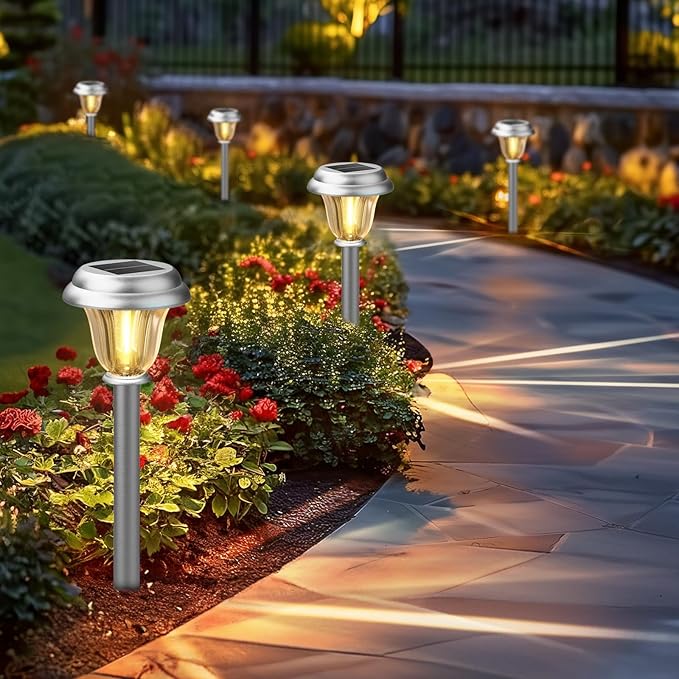 DERAYSION Solar Lights Outdoor Waterproof, Brushed Stainless Steel Glass Solar Pathway Lights, Auto On/Off Long-Lasting Outdoor Solar Lights for Garden, Landscape, Path, Yard 6 Pack | Brushed Stainless Steel Dusk to Dawn Long-Lasting Waterproof Outdoor...