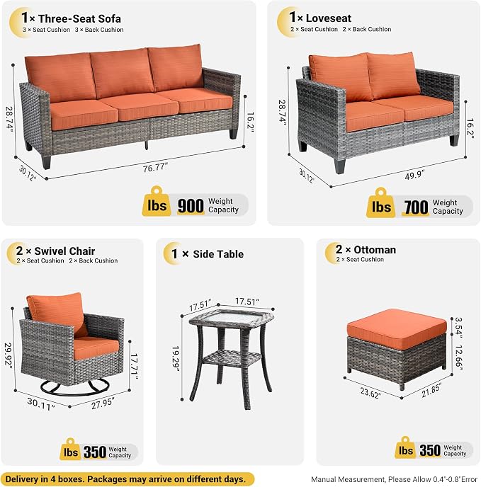 ovios 7 Pieces Patio Furniture Set, Outdoor Wicker Rattan Sofa Couch with Swivel Glider Chairs Loveseat Comfy Cushions Modern Conversation Set for Backyard Porch, Orange Red