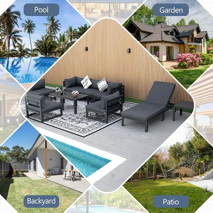 RADIATA 10 Pieces Aluminum Patio Furniture Set with Side Table, Morden Outdoor Sectional Sofa, Large Conversation Seat with Thick Cushion for Garden Backyard Deck Porch (Grey)