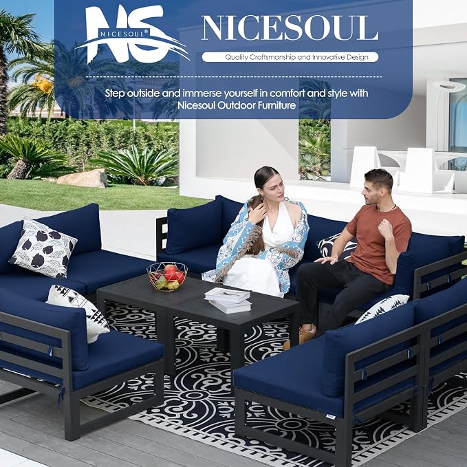 NICESOUL 8 Piece Large Luxury Aluminum Patio Conversation Set, 29" Deep Wide Comfortable Sitting, U Shaped Modular Sectional Couch, 500 lbs Heavy Duty All Weather Outdoor Sofa for Backyard, Navy Blue