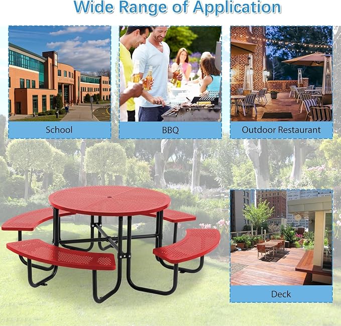 46" Round Metal Picnic Table with Umbrella Hole, Heavy Duty Portable Outdoor Dining Set, All-Weather Steel BBQ Party Table for Patio Garden Backyard, Red (Red-Round)