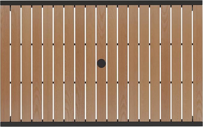 Flash Furniture Lark Outdoor Steel Dining Table with Umbrella Hole - Faux Teak Poly Slatted Top - Commercial Grade Table-Black Frame-30x48 Table Seats up to 4 Adults