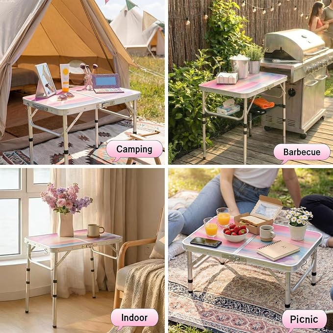 Yriuat Folding Camping Table 2ft Portable Picnic Table Adjustable Height Small Card Table Aluminum Foldable Lightweight with Carry Handle for Outdoor Indoor Hiking Camp BBQ Beach (Blush Haze)