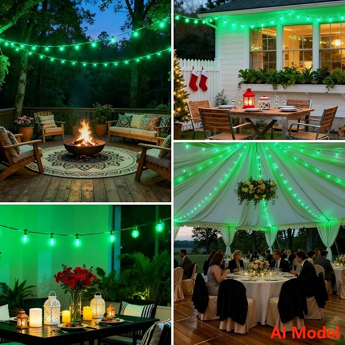 25 FT Green Outdoor String Lights,13 Plastic Edison Bulbs, E12 Base | G40 globe shatterproof bulbs, IP65 waterproof, dimmable LED, for backyard porch balcony party decor