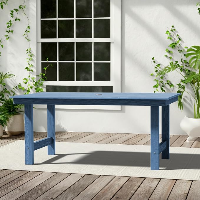 KINGYES All Weather Outdoor Dining Table with Umbrella Hole, HDPE Rectangular Patio Table for Backyard, Garden, Porch, Deck, Navy