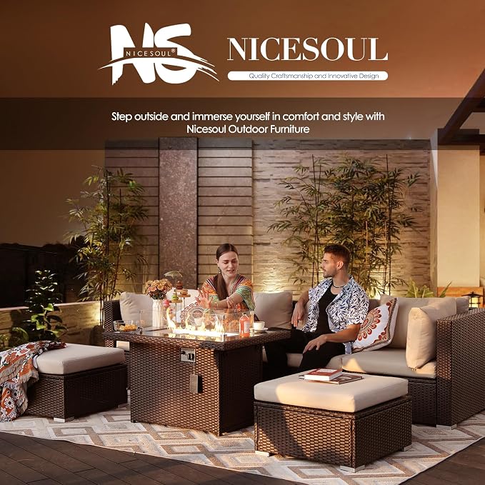 NICESOUL 15 Piece Outdoor Sectional with Fire Pit Table, Modern Luxury Patio Deep Seating w/Firepit, 29.3'' High-Back Wicker Couch Thick, Big High-Weight Capacity Sofa for Garden, Yard, Brown & Beige