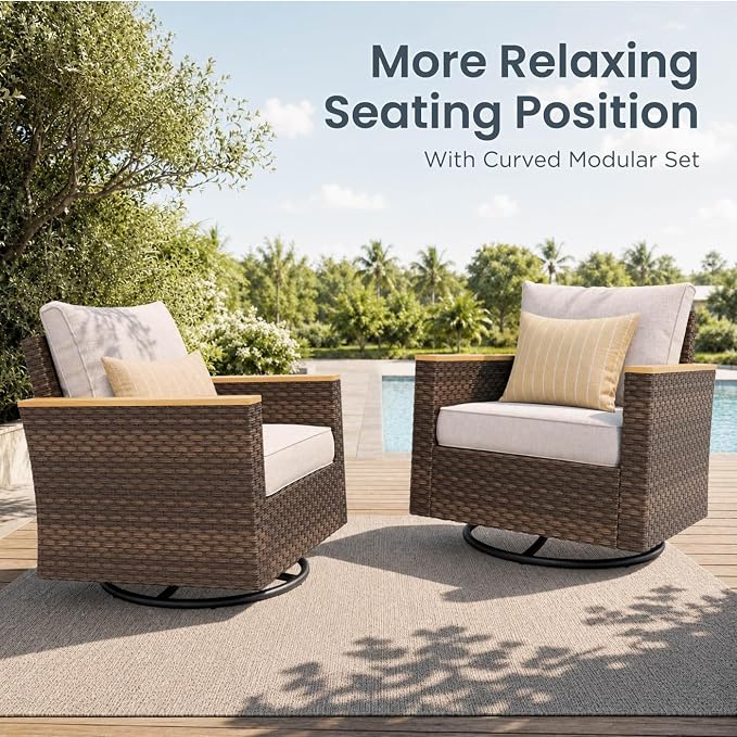 PHI VILLA Wicker Patio Furniture Set with Swivel Chairs, Rattan Sectional Outdoor Couch with Deep Seating for Poolside, Backyard, 2 x Swivel Patio Sofa, Beige Color