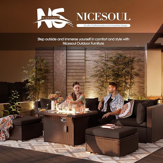 NICESOUL 15 Piece Outdoor Sectional with Fire Pit Table, Modern Luxury Patio Deep Seating w/Firepit, 29.3'' High-Back Wicker Couch Thick, Big High-Weight Capacity Sofa for Garden, Yard, Brown & Gray