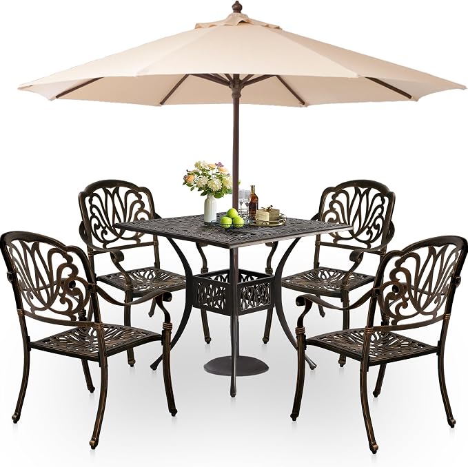 TITIMO 5-Piece Outdoor Patio Dining Set,All-Weather Cast Aluminum Furniture Conversation Set Includes 4 Chairs and 1 Square Table with Umbrella Hole for Patio Garden Deck, Blooming Flower Design