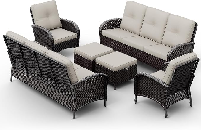 Joyside Wicker Patio Furniture Set, 6 Piece Outdoor Furniture Set with Thickened Cushions, High Back, Deep Seating, Wide Armrest, Rattan Outdoor Chairs for Porch, Deck