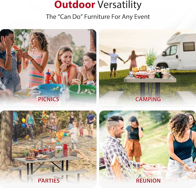 Leisure Craft Metal Picnic Table with Bench - 6 ft Rectangle Outdoor Dining Table for 6, Umbrella Hole, Weatherproof Heavy Duty Thermoplastic Coating, Commercial Grade Furniture Made in USA - Beige