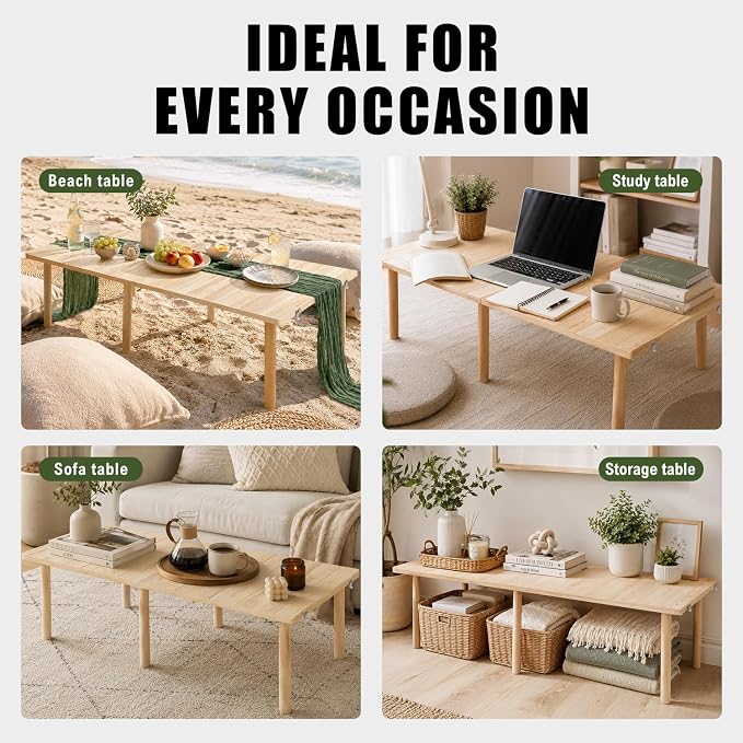 60" Folding Picnic Table with Table Runner & 6 Placemats, Solid Wood Portable Low Picnic Table for Seating 6, Wooden Foldable Table for Outdoor Camping, Beach, Boho Party, Patio (Natural)