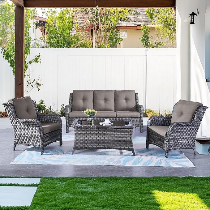 Belord Outdoor Wicker Furniture 5 Pieces Patio Furniture Set Patio Chairs with Ottomans and Side Table Conversation Set for Porch Garden Deck Balcony Poolside