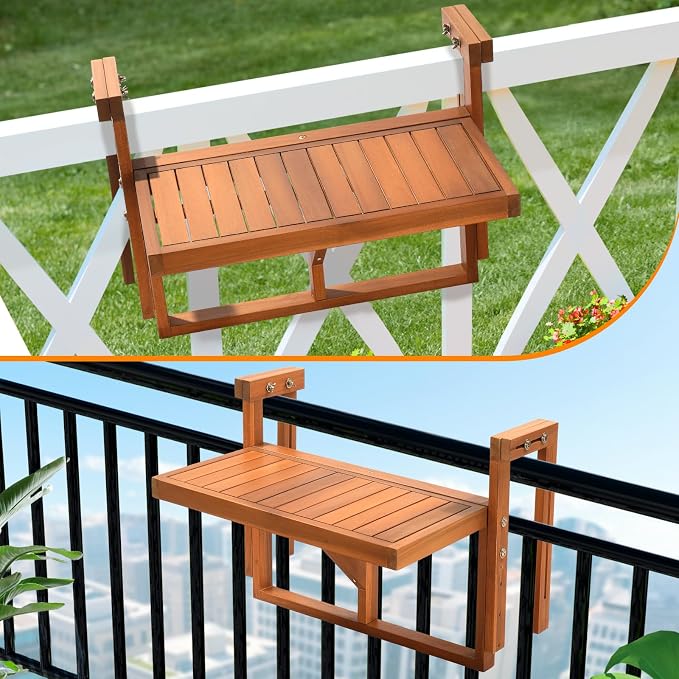 VINGLI 22in Acacia Wood Folding Balcony Hanging Table – Adjustable Height & Width, Balcony Railing Table Ideal for Different Railing Widths,Perfect for Balcony,Patio,Rectangular,Natural Wood Color