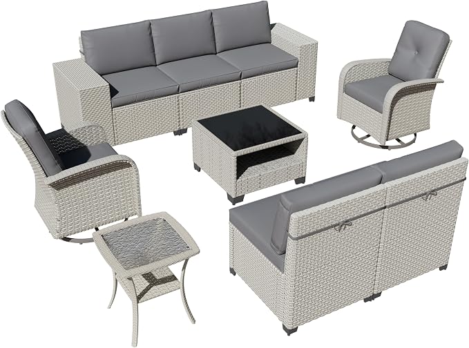 9-Piece Outdoor Patio Furniture Set, Modular Sectional Sofa Set with Swivel Rocker Chairs, Wicker Outdoor Couch Conversation Sets w/Coffee Table and Cushions, Gray