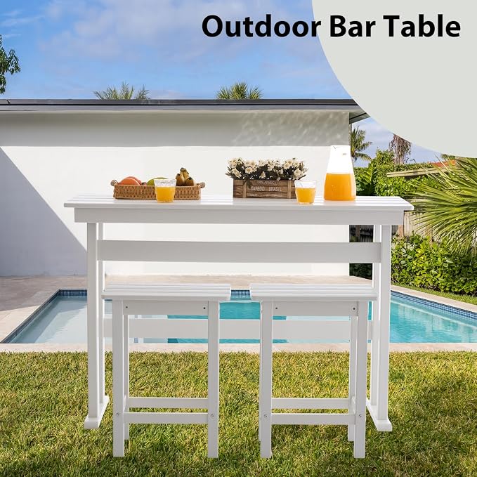HDPE Outdoor Bar Height Table,54" Rectangular Patio Table, All-Weather Design for Bistro/Garden/Poolside (White)