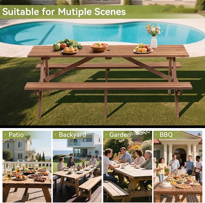 75" Rectangular Picnic Table for Outdoors,8 Person Wooden Picnic Tables,Outdoor Camping Dining Tables with 2 Seats DIY with 2 Built-in Benches for Garden Courtyard BBQ,2220lb Capacity,Brown