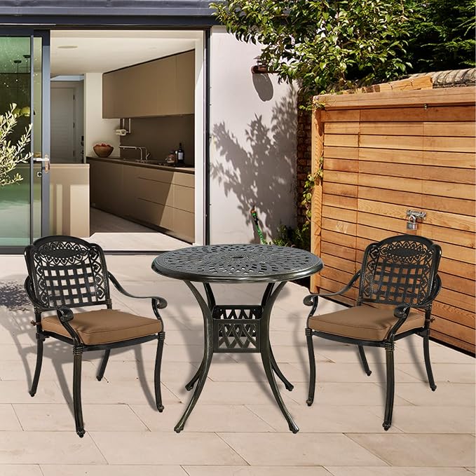MEETWARM 3 Piece Patio Bistro Set, Outdoor All-Weather Cast Aluminum Dining Furniture Set Includes 2 Chairs with Cushions and a 31” Round Table with Umbrella Hole for Garden Deck