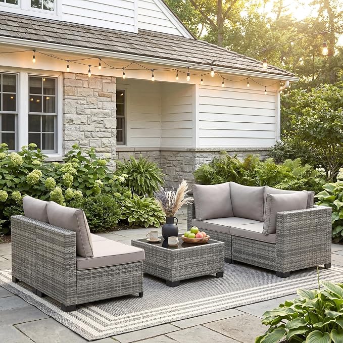 ANJ 5 Piece Outdoor Wicker Patio Furniture Set, Modular Loveseat Sofa with with Glass Top Coffee Table, All-Weather Rattan Conversation Couch Set for Balcony, Backyard, Light Grey Wicker-Grey
