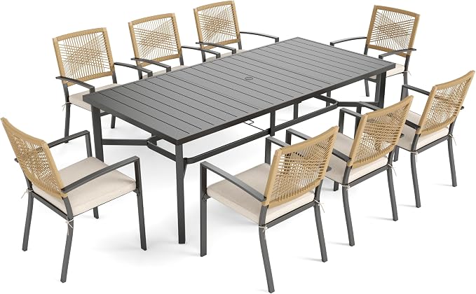 PHI VILLA 9pc Patio Dining Set, 82" Rectangular Table, Wicker Chairs | Outdoor Dining Set for 8, Large Patio Dining Table Set with Patio Wicker Chairs for Garden, Porch, Deck