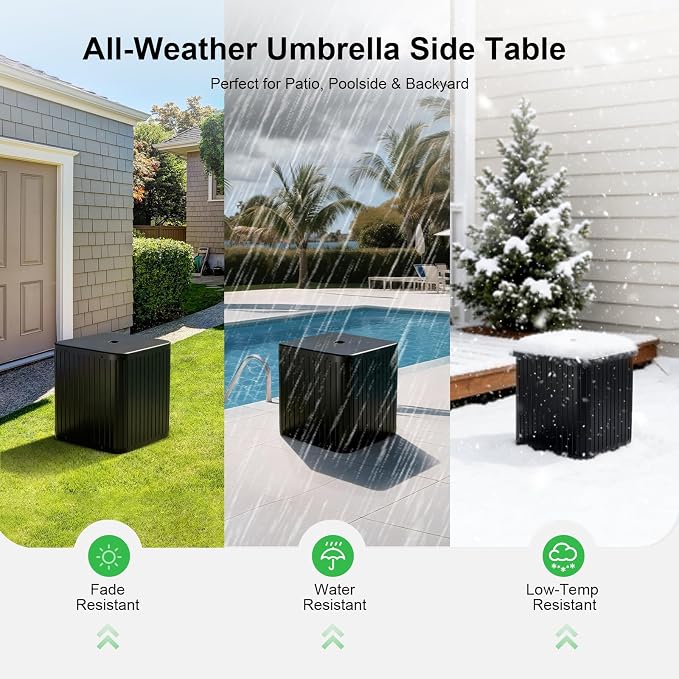 Umbrella Side Table with 1.5-1.6" Umbrella Hole, 132lbs Heavy Duty Fillable Umbrella Base Stand Table, 2-in-1 Modern Outdoor Patio Side Table for Yard Porch Poolside Deck Balcony Backyard Lawn