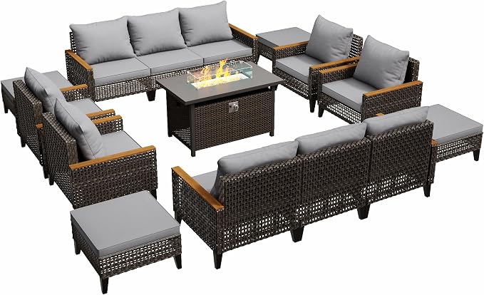 15 Piece Patio Furniture Set with 50000 BTU Propane Fire Pit Table, All-Weather Wicker Rattan Outdoor Sectional Sofa Set with High Back and Thick Cushions for Garden, Porch, Poolside, Grey