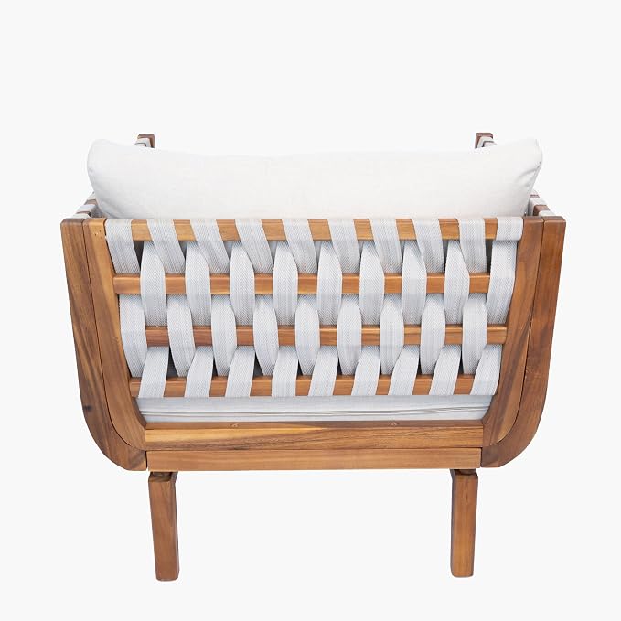 Merax Outdoor Acacia Wood Club Chair wtih Cushions, Patio Sofa Chair with Hand-Woven Rope, Deep Seating for Porch, Lawn, Backyard, Balcony, 400 lbs Weight Capacity, Teak+ Beige