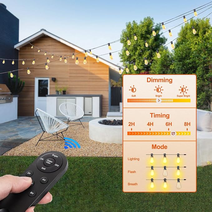 Stright Solar String Light for Outside 120FT with with USB Charging & Remote, Weatherproof Shatterproof LED S14 Bulb 50 Socket, Dimmable & Timable Solar Powered Patio Lights for Porch Backyard Garden