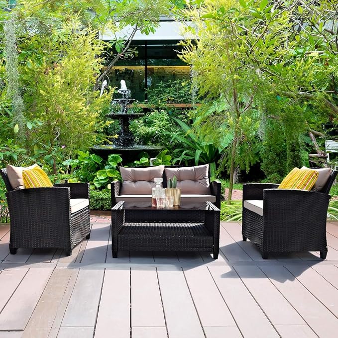 DORTALA 4 Piece Wicker Patio Furniture Set, PE Rattan Outdoor Conversation Sets with Loveseat, Chairs & Coffee Table for Backyard, Porch, Garden and Poolside, Brown