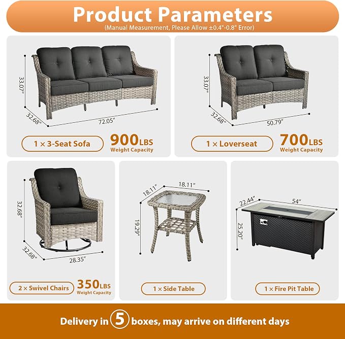 6 PCS Outdoor Patio Furniture Sets,Patio Conversation Sets Outside Rattan Soft Cushion Sofa with 2 Wicker Rocking Chairs & 54 in Fire Pit Table Fit Backyard Porch Garden Poolside Balcony,Black