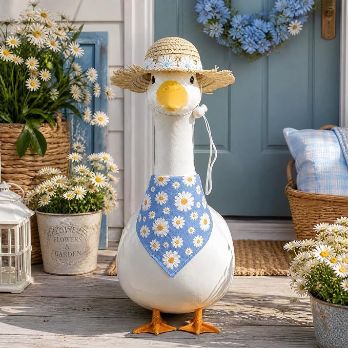 Summer Floral Porch Goose Outfit - 2Pcs Cute Blue Daisy Cottage Style Clothes with Straw Hat & Bandana Bib, Garden Lawn Decoration for 23 Inch Cement/Plastic Statue