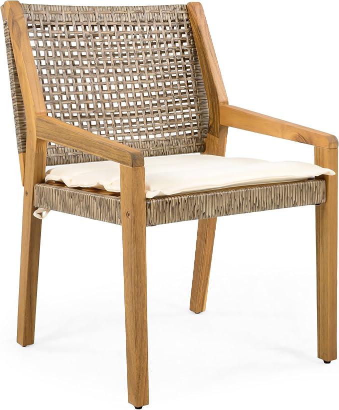 Christopher Knight Home Samma Acacia Wood Outdoor Dining Set for 4, Patio Dining Table Set for 4, Outdoor Dining Table and Sled Base, Dining Chairs with Cushion + Wicker Backrest, Teak+Brown+Cream