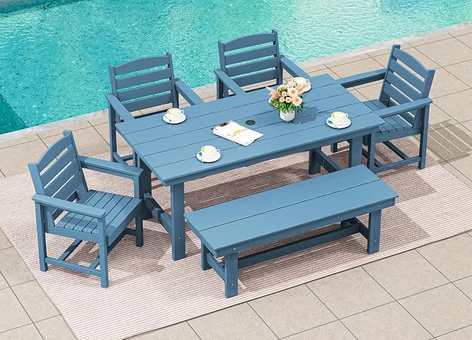 SERWALL 6 Pcs HDPE Dining Set, Includes 1 Table, 1 Bench & 4 Chairs, Blue | Outdoor Dining Set with Bench, All-Weather Resistant SERWALL Dining Set for patio