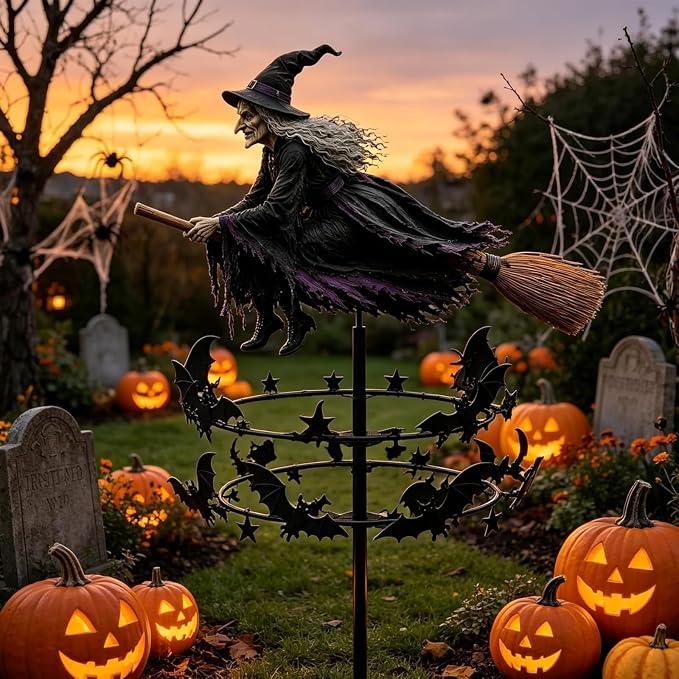 The Enchanted Witch Garden Wind Spinner, Metal Halloween Yard Art Outdoor Decor, Outdoor Garden Stake Decoration, Halloween Lawn Ornament, for Garden Patio Pathway Fall Decorations (2PCS)