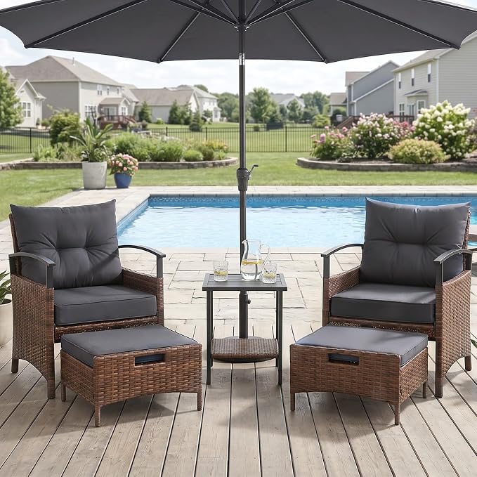 AVAWING 5 Pieces Wicker Patio Conversation Set, Outdoor Rattan Chairs with Ottoman, Metal Coffee Table, & Cushions, Outside Furniture Sets for Garden, Deck, Backyard, Poolside(Dark Grey)